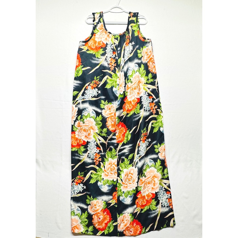 Hilo Hattie's VTG Tropical Navy Orange Sleeveless Maxi Dress MuMu Women's L Tall